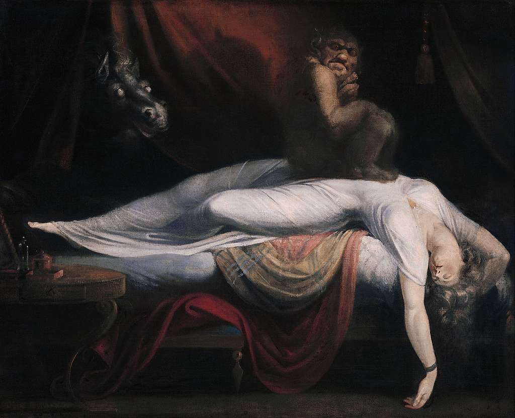 Henry Fuseli's painting The Nightmare, depicting a small goblin like creature sitting on the chest of a sprawled sleeping woman. In the background is a scary black horse watching them
