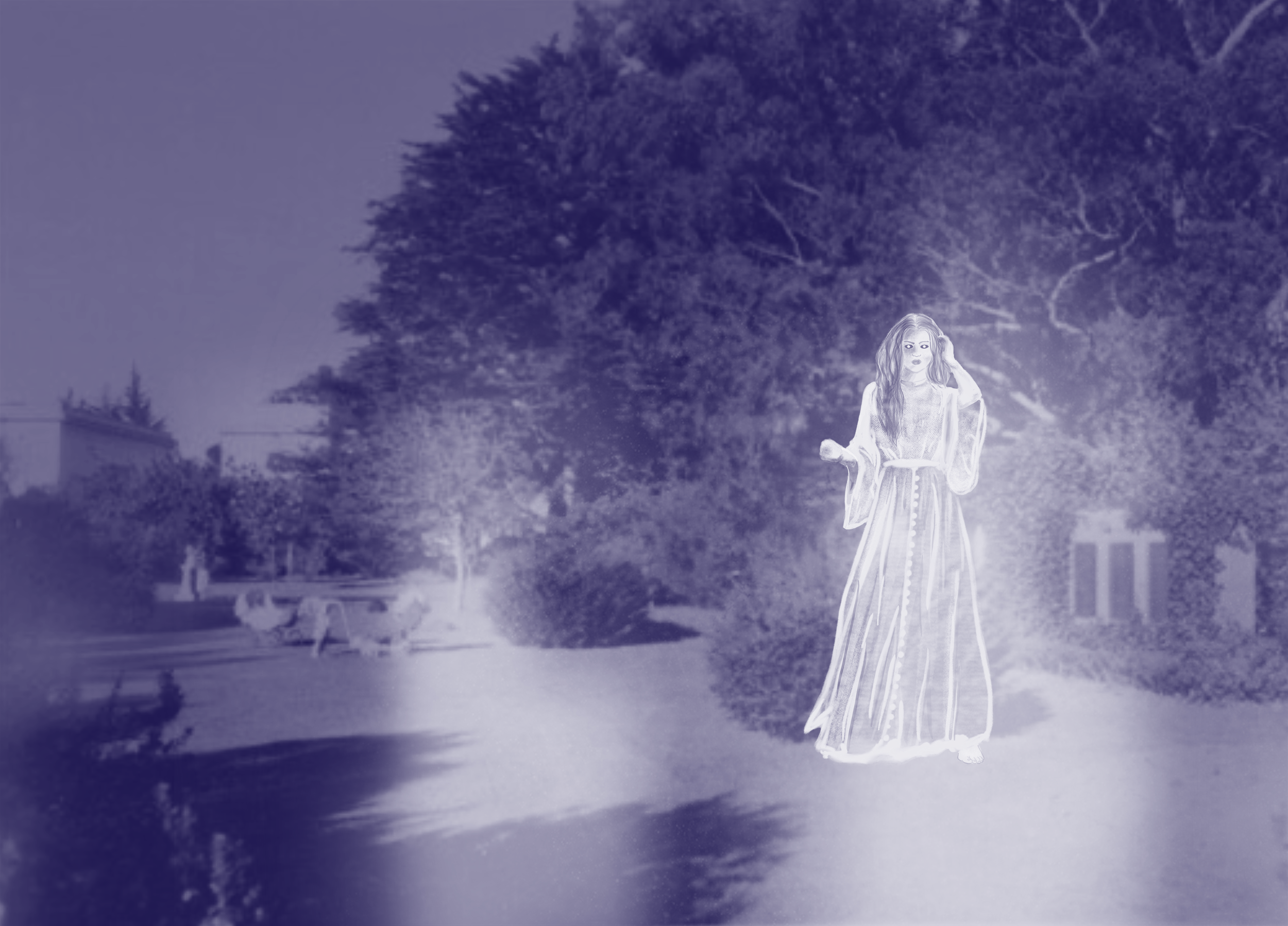 An illustration of a transparent and ghostly lady in a long gown laid over a photo of a garden lawn with large trees in the background
