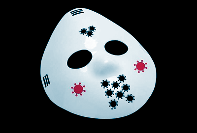 A hockey mask edited to replace the standard round holes with holes shaped like viruses 