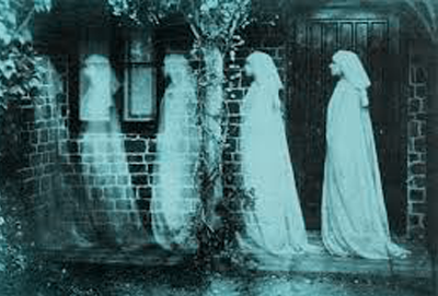 A photo of a procession of ghostly figures in white robes becoming progressively more transparent 