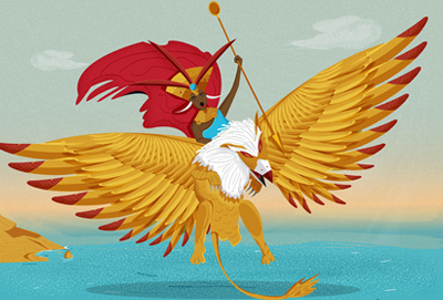Illustration by Cheryl Thuesday of a dark skinned woman with flaming red hair and an elaborate headdress astride a griffon in flight over a sparkling coastline 