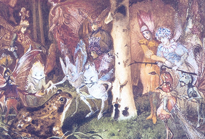 A closeup of The Intruder (ca. 1860) by John Anster Fitzgerald showing many fairies and insects under a mushroom cap