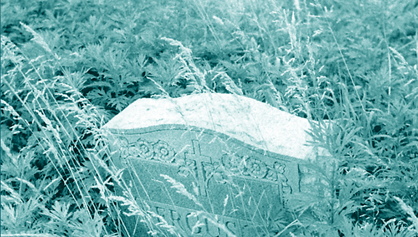 The top of a gravestone nearly swallowed by weeds