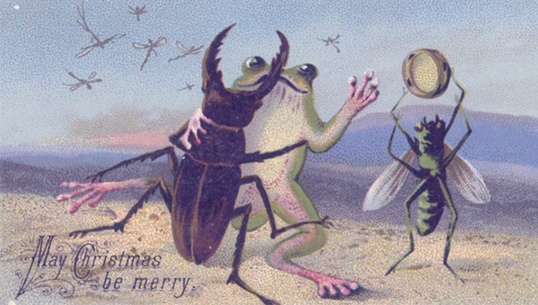 A Victorian Christmas card showing a frog dancing with a longhorn beetle, inscribed May Christmas be Merry