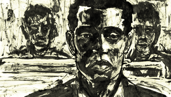 An illustration by Elliott Robbins of three black men drawn in a more gestural/abstract style