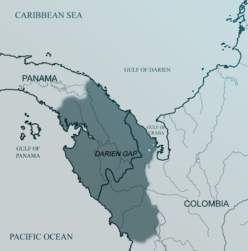 A map of the Darien Gap, the forested area between Panama and Colombia