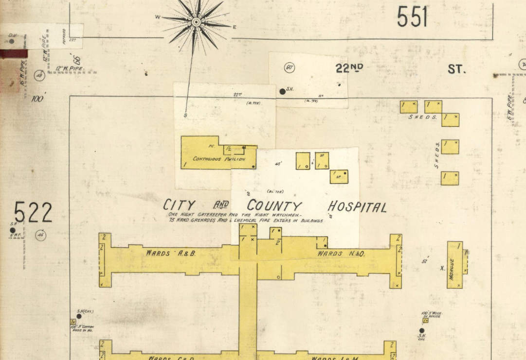 A map of City and County Hospital showing the main building wards and the peripheral Contagious Pavilion, Morgue and assorted “Sheds.”
