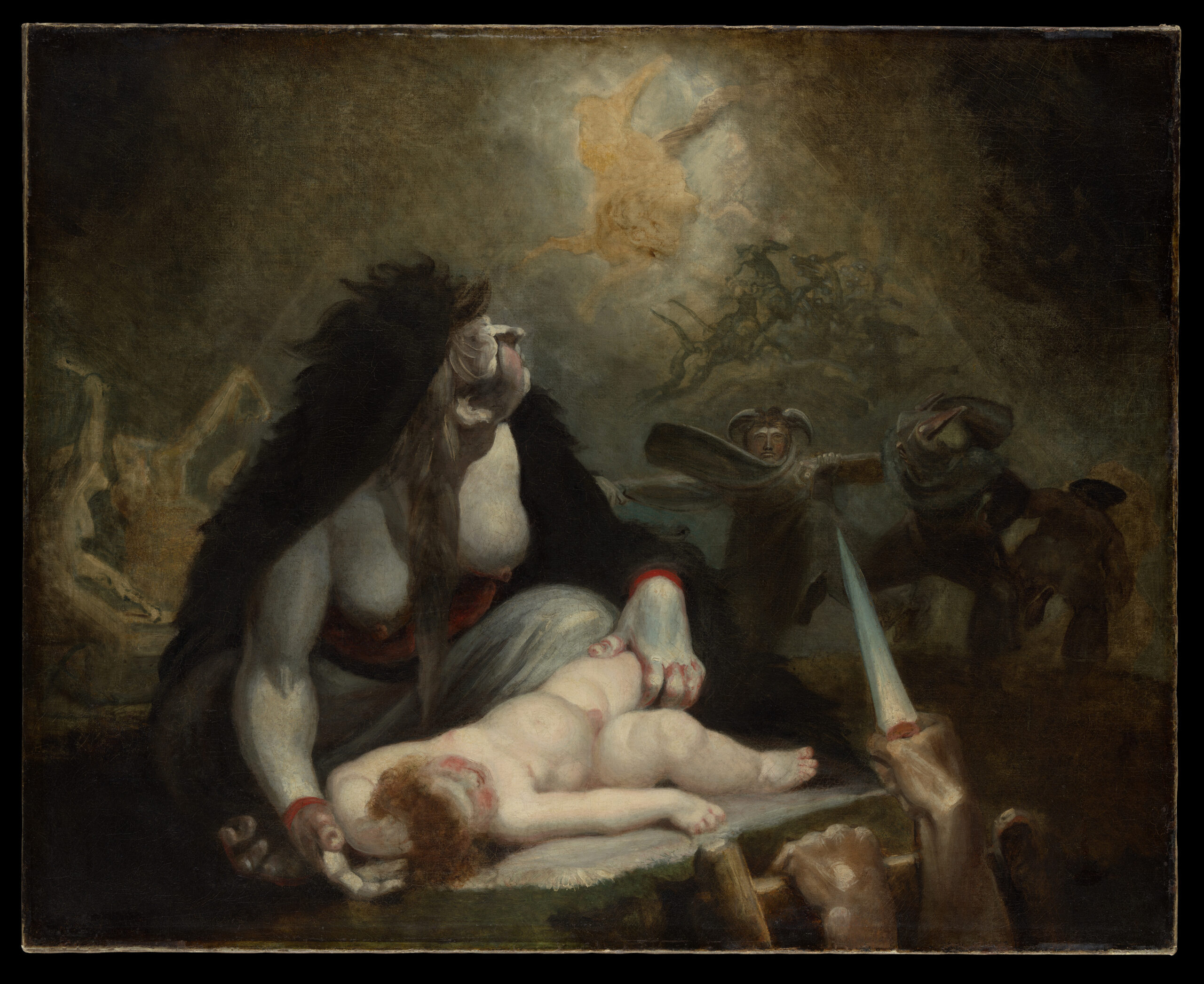 Henry Fuseli's The Night-Hag Visiting Lapland Witches, depicts the hag as a witch looming over a naked child while surrounded by advancing figures. In the foreground by the child there is a hand holding a knife