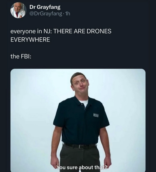 Tweet from @DrGrayfang that reads "Everyone in NJ: THERE ARE DRONES EVERYWHERE"</p>
<p>The FBI: (image of comedian Tim Robinson making an incredulous expression) "You sure about that?"