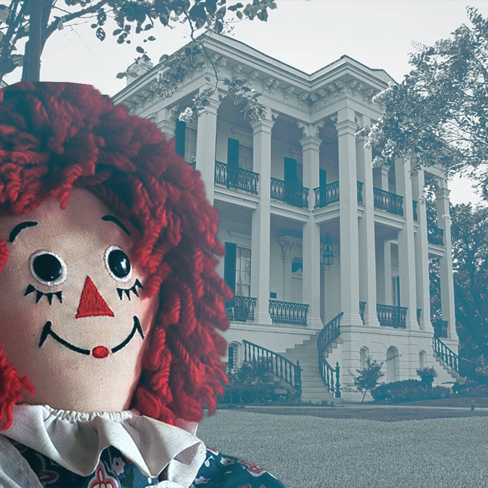 A photo of the Nottoway plantation with an image of a Raggedy Ann doll overlaid