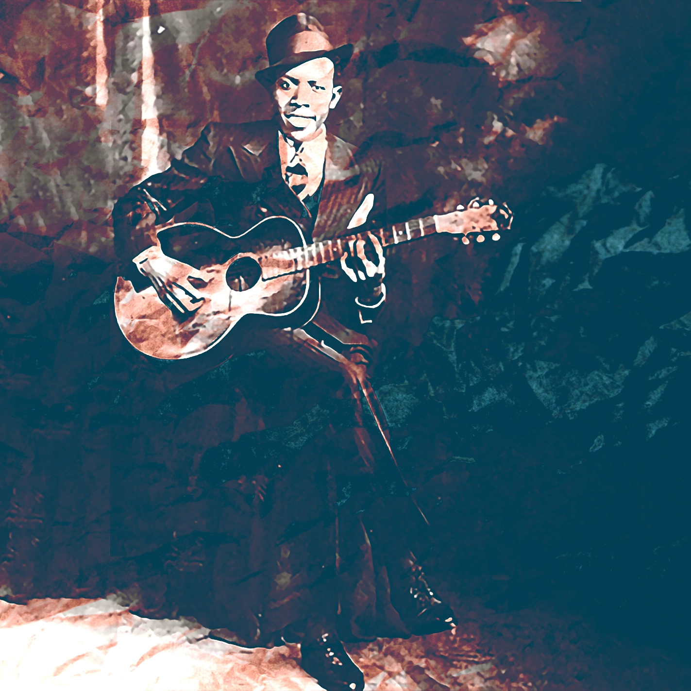 A photo of Robert Johnson posing with his guitar