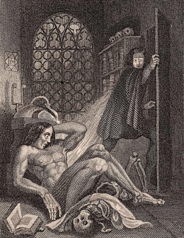 The etching from the cover of the 1831 edition of Frankenstein - A confused (and buff) man lays tumbled on the floor holding his head while a horrified Victor looks down from the doorway