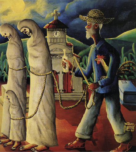 Bigaud Wilson's painting, Zombies, 1953. Depicts a man  walking three skeletal figures in robes that are bound around their waists with rope. Two figures are adult sized, and one is child sized. The man carries a chicken under one arm, and in his other he has an unmarked bottle. They are all standing in a graveyard in front of a church at night.